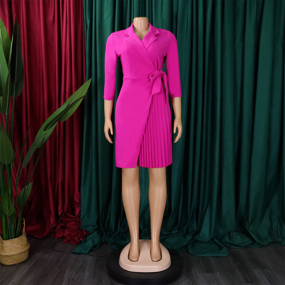Women Lace Wrap Notched Pleated Blazer Style Vintage Dress