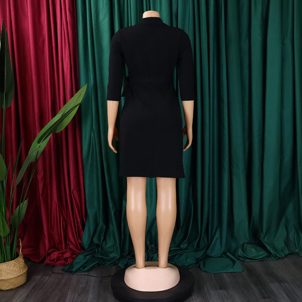 Women Lace Wrap Notched Pleated Blazer Style Vintage Dress
