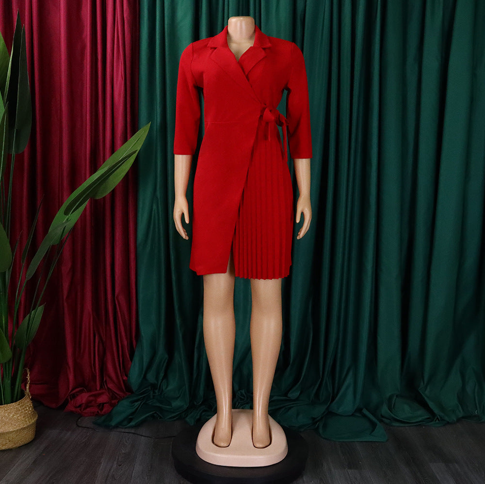 Women Lace Wrap Notched Pleated Blazer Style Vintage Dress