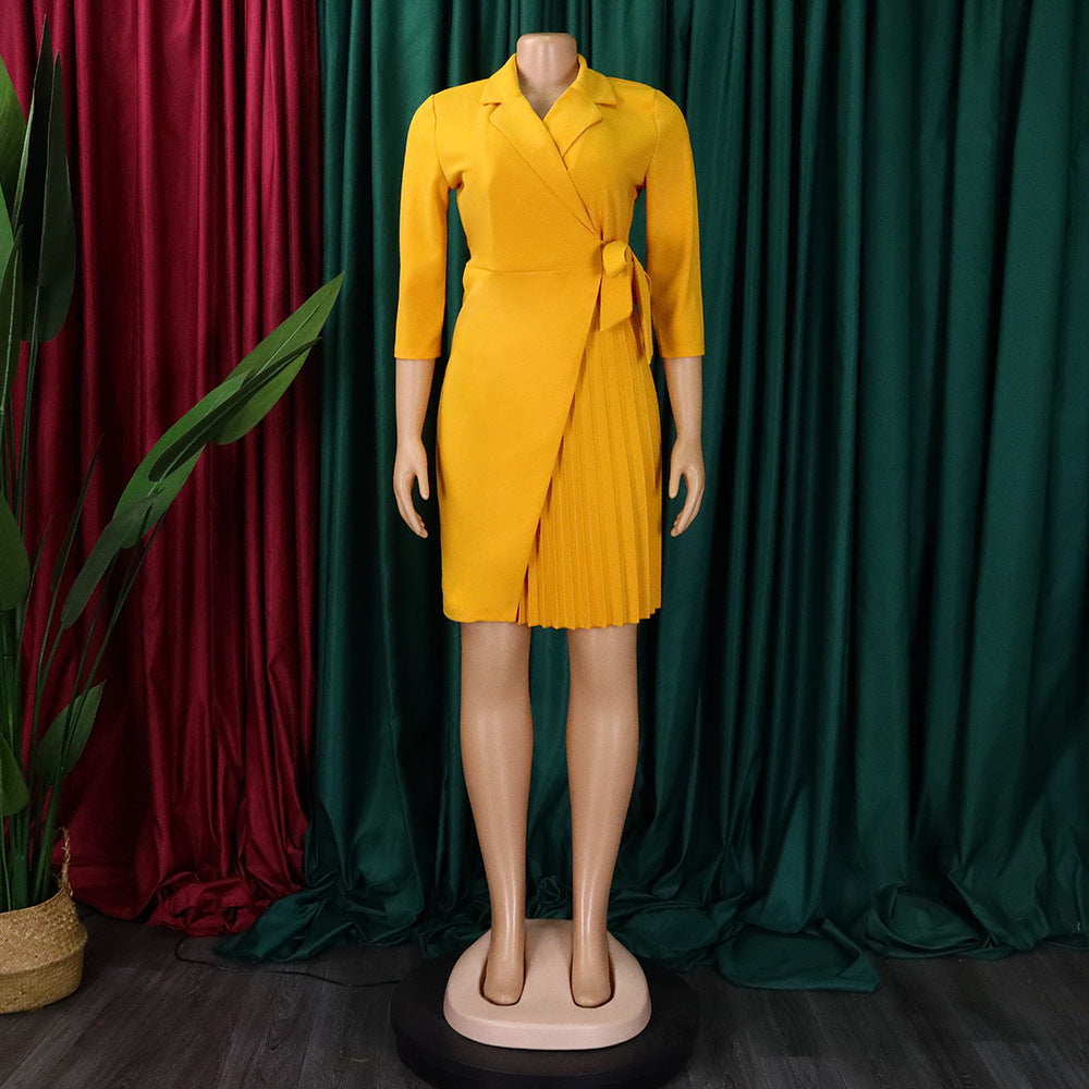 Women Lace Wrap Notched Pleated Blazer Style Vintage Dress