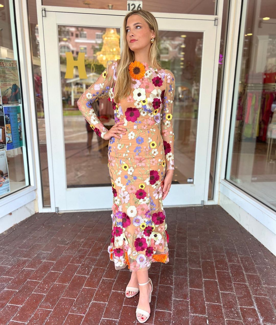 Round Neck Colorful Flower Embroider Mesh Fishtail Dress
