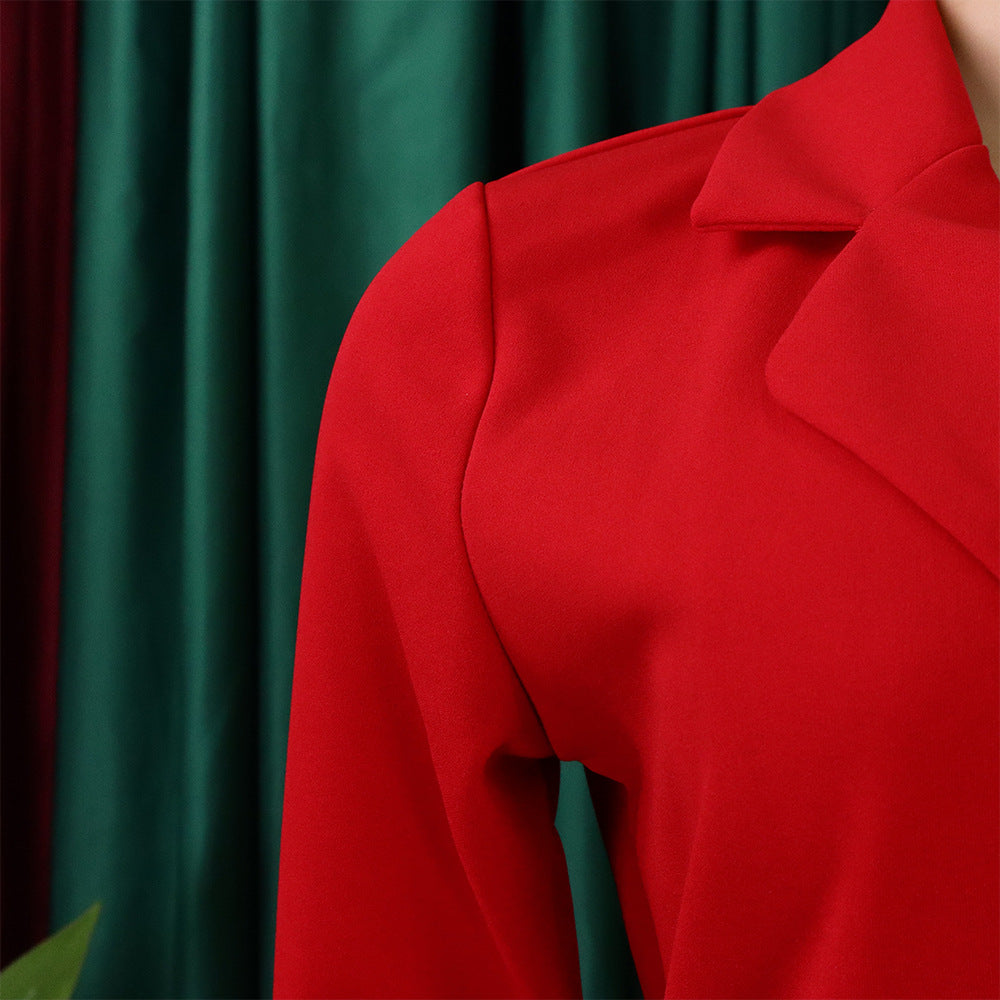Women Lace Wrap Notched Pleated Blazer Style Vintage Dress