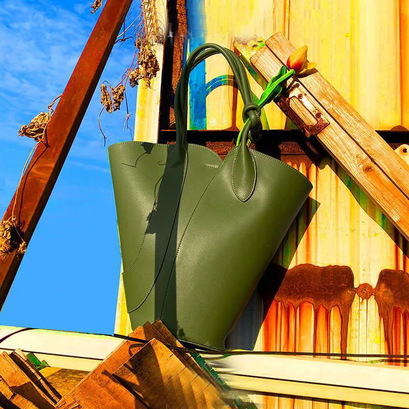 Green Designer Leather Tote Handbag