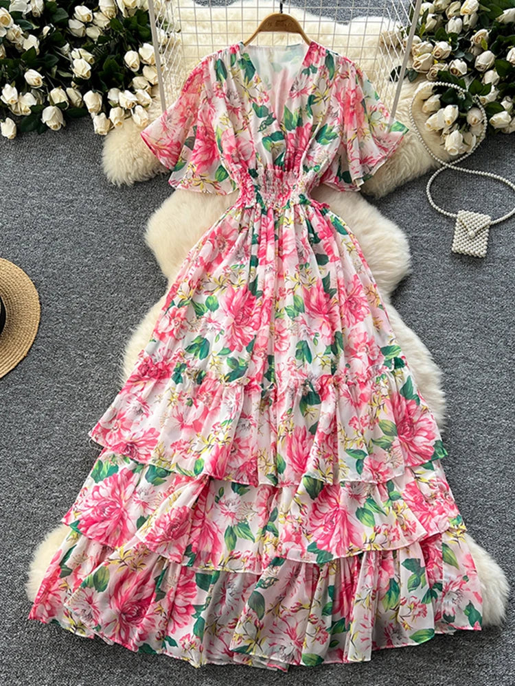 French Style Floral Retro V-neck Ruffle Sleeve High Waisted Chiffon Dress