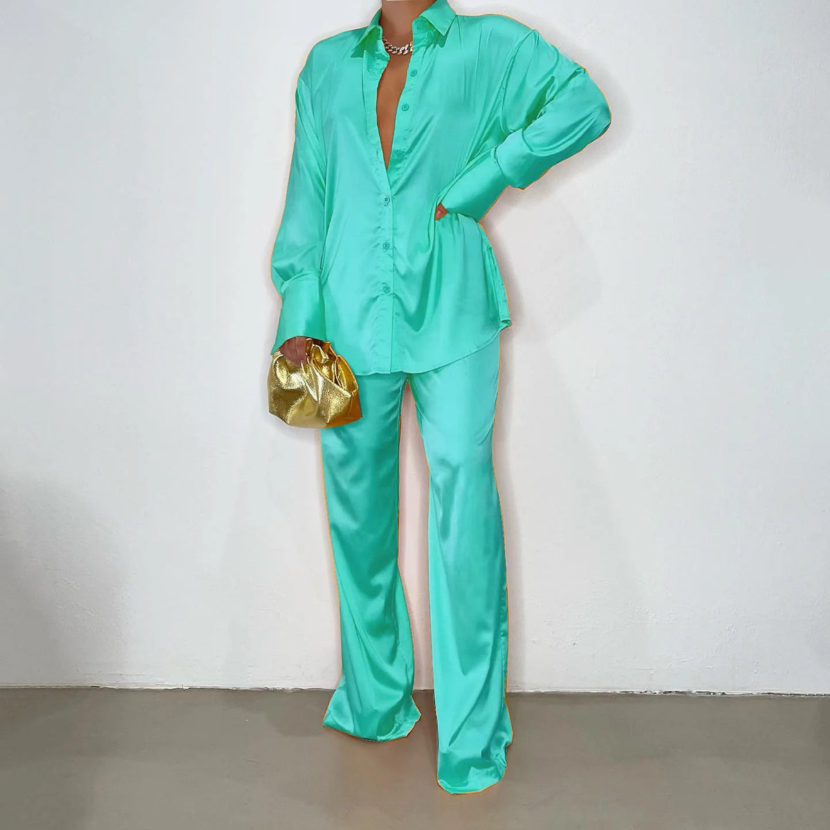 Elegant Satin Women's Long Sleeve Tracksuit And Wide Leg Pants