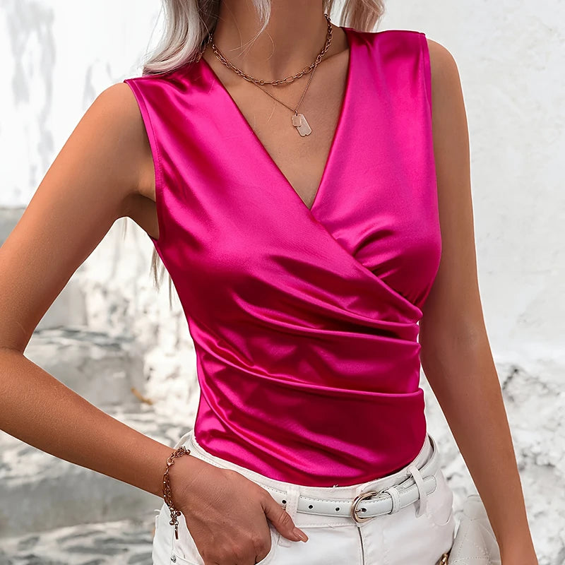 Rose Pink Satin V-Neck Tank Top