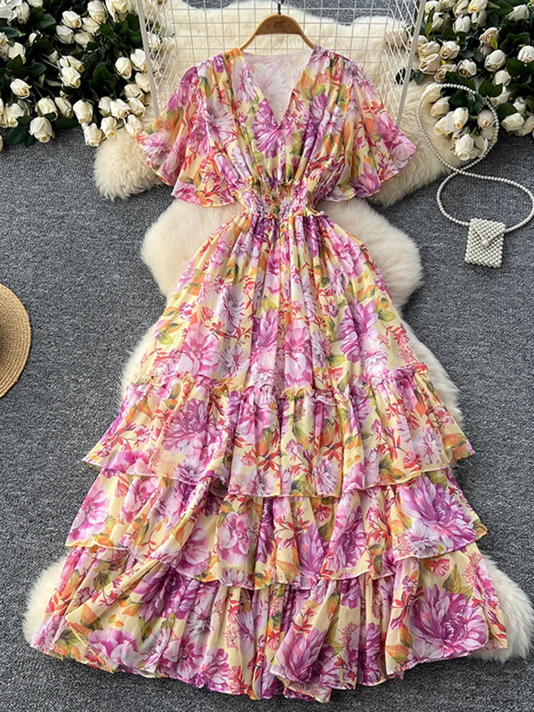 French Style Floral Retro V-neck Ruffle Sleeve High Waisted Chiffon Dress