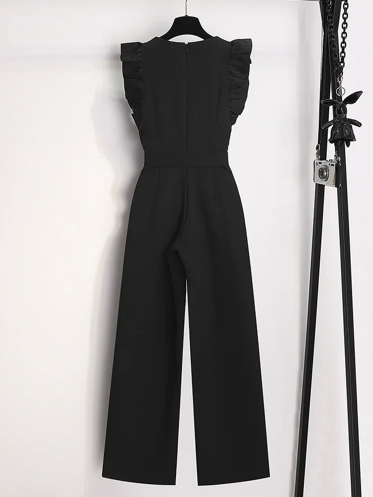 Summer Oversized Luxury Ruffle Sleeveless Elegant Bodysuit Solid with Belt