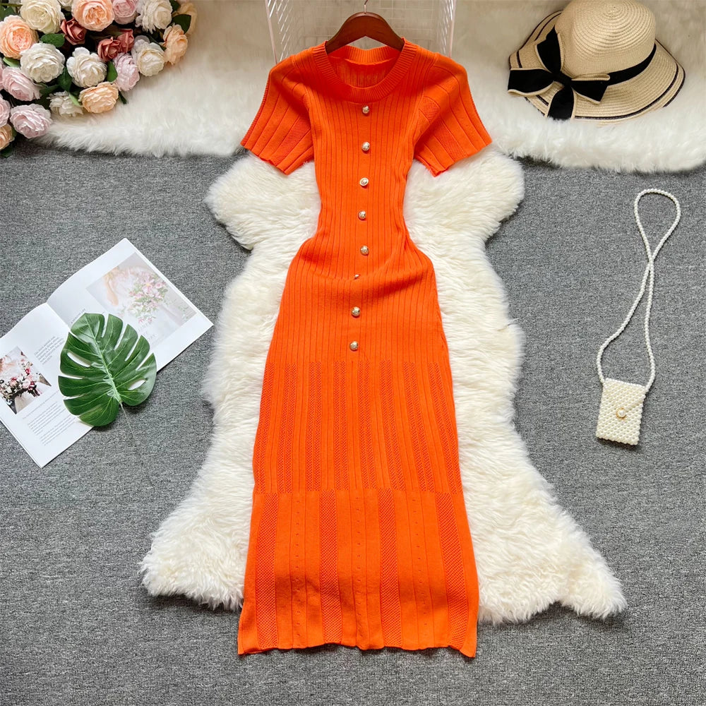 Knitted Designer Scoop Neck Short Sleeve Sweater Dress