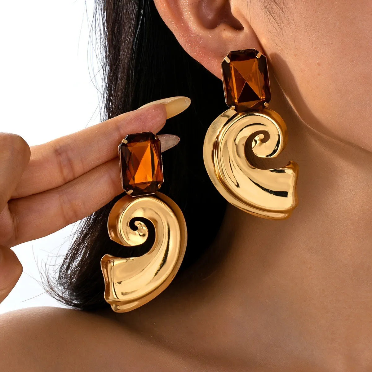 Women's Elegant Brown Rhinestone Swirl Design Earrings