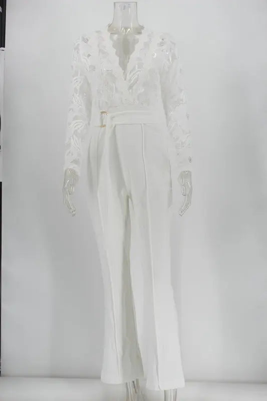 Women White Lace Stitching Long Sleeve V-neck Wide Leg Pants With Belt Romper