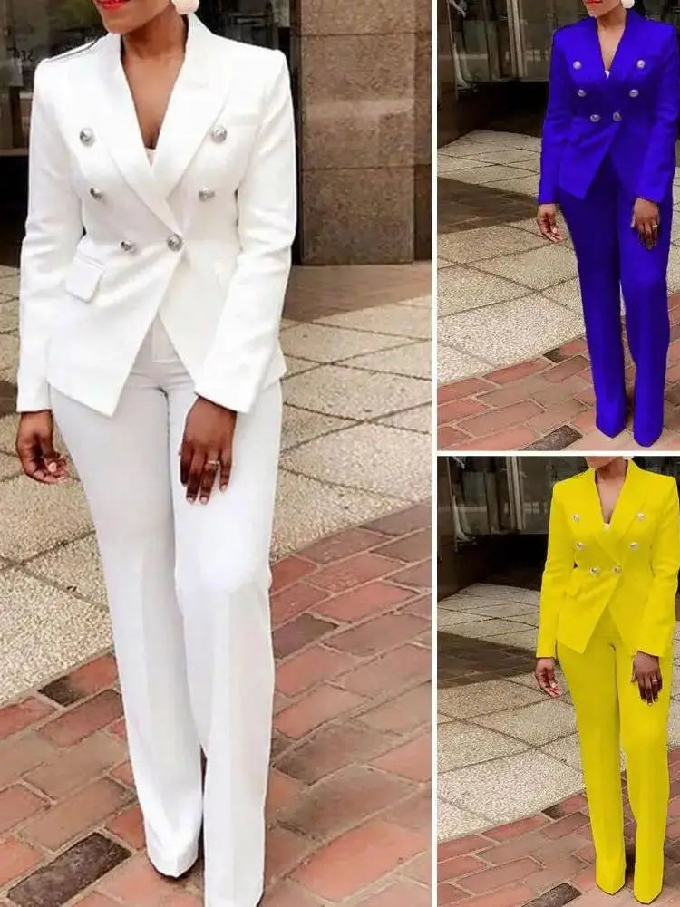 Elegant Double-Breasted Long Sleeve Two Piece Suit Set with Pants