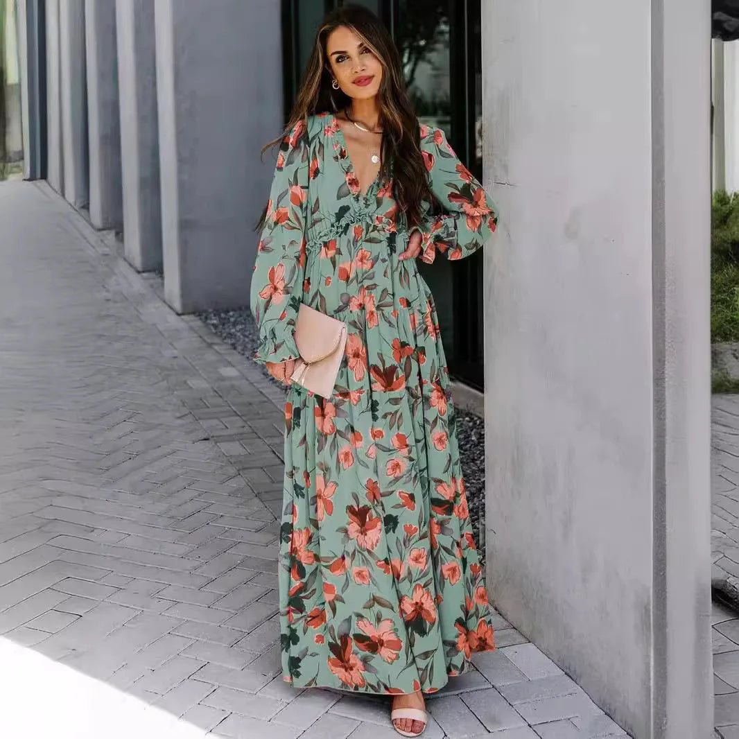 Elegant Floral Print Ruffle Layered Long Sleeved Chiffon A Line Long Maxi Dress