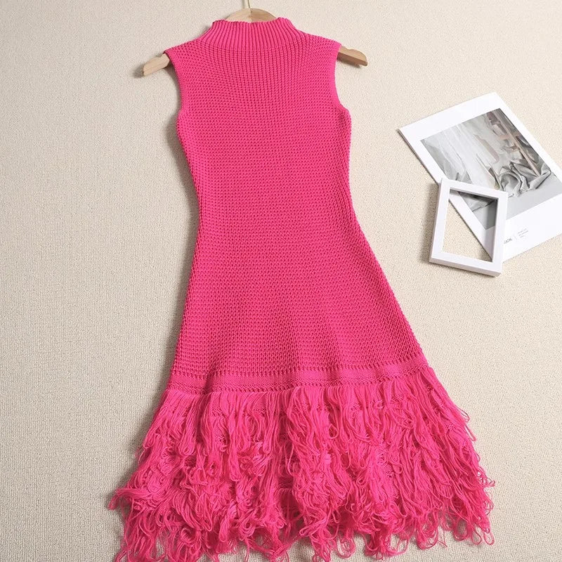 Sleeveless Designer Mini Tassel Knitted Dress