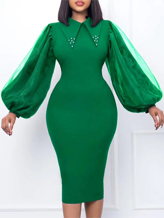 Women's Beaded Mesh Spliced Long Sleeve Slim Pencil Skirt Dress