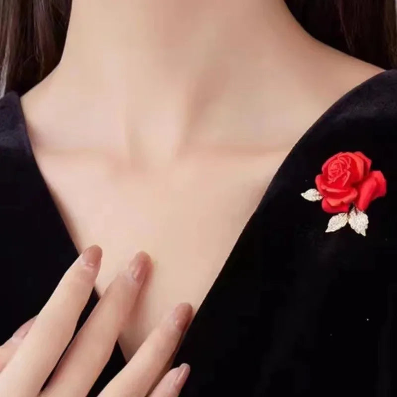 Luxury Rhinestone Red Rose Flower Brooch for Women