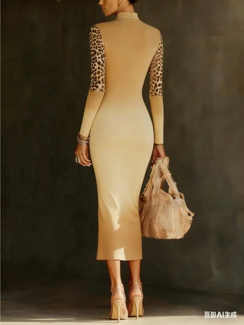Women Elegant Slim Fit Mid Length Long Sleeve Slimming Waistband Dress