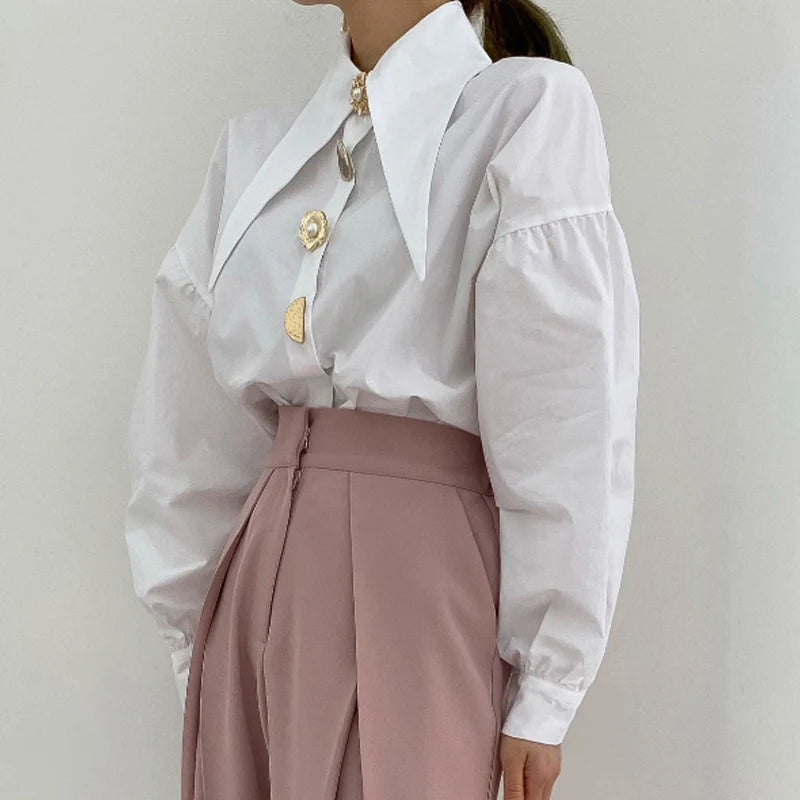 Women's Long Sleeve Pointed Collar Designer Button Down Blouse