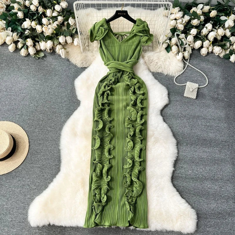 Ruffles Spliced Sleeveless V-Neck Bodycon Maxi Long Evening Dress