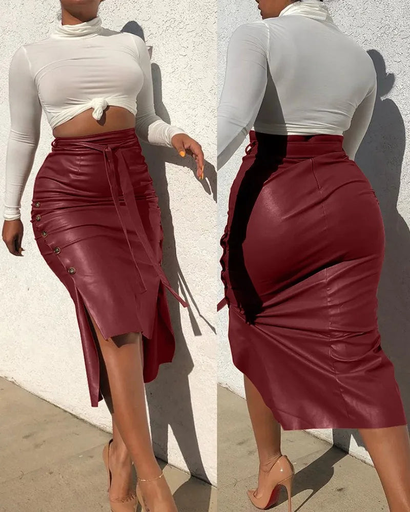 Women's Bodycon A-line High Waist Lace Up Faux Leather Skirt