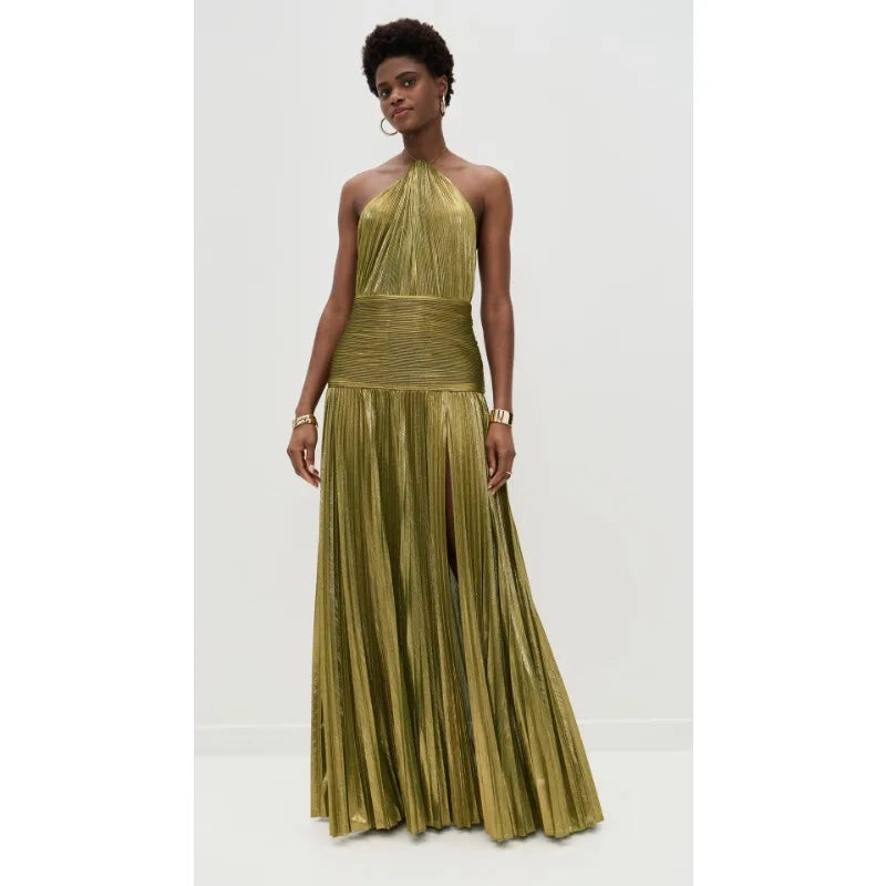 Metallic Gold Off Shoulder Backless Halter Long Dress w/ High Split