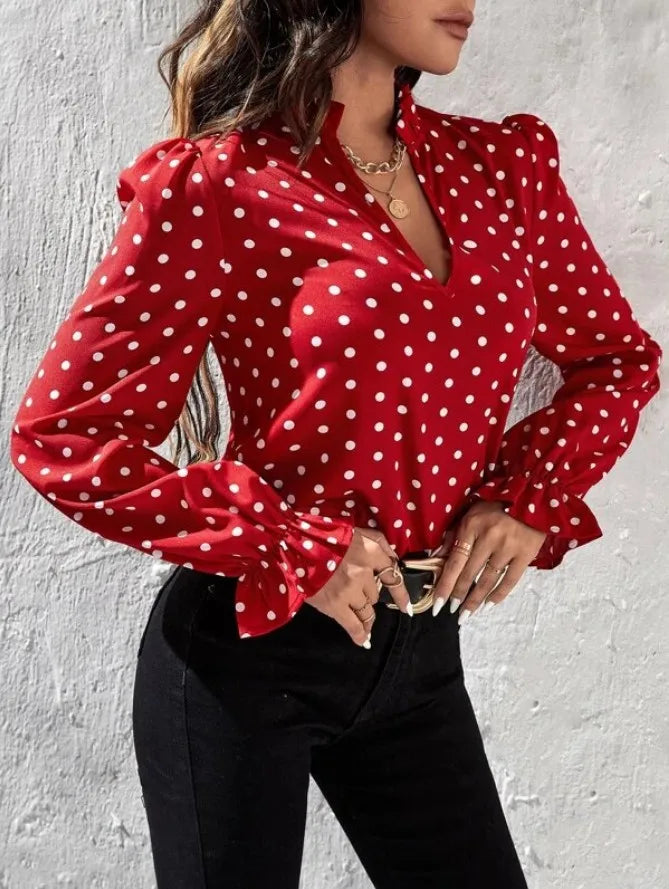 Women's Elegant Professional V-neck Polka Dot Long Sleeved Casual Chiffon Blouse