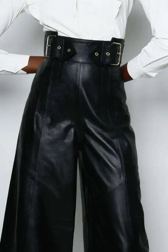 Women Faux Leather High Waist Loose Wide Leg Pants