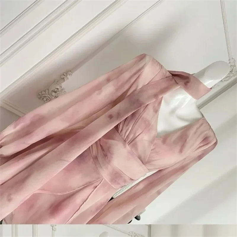 Delicate Chiffon Waist Cinching Blending Ribbon Floral Dress
