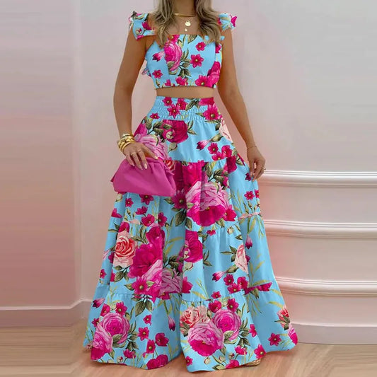Women's Floral Print Square Neck Sleeveless Crop Top + Ruffled Maxi Skirt Two-Piece Set