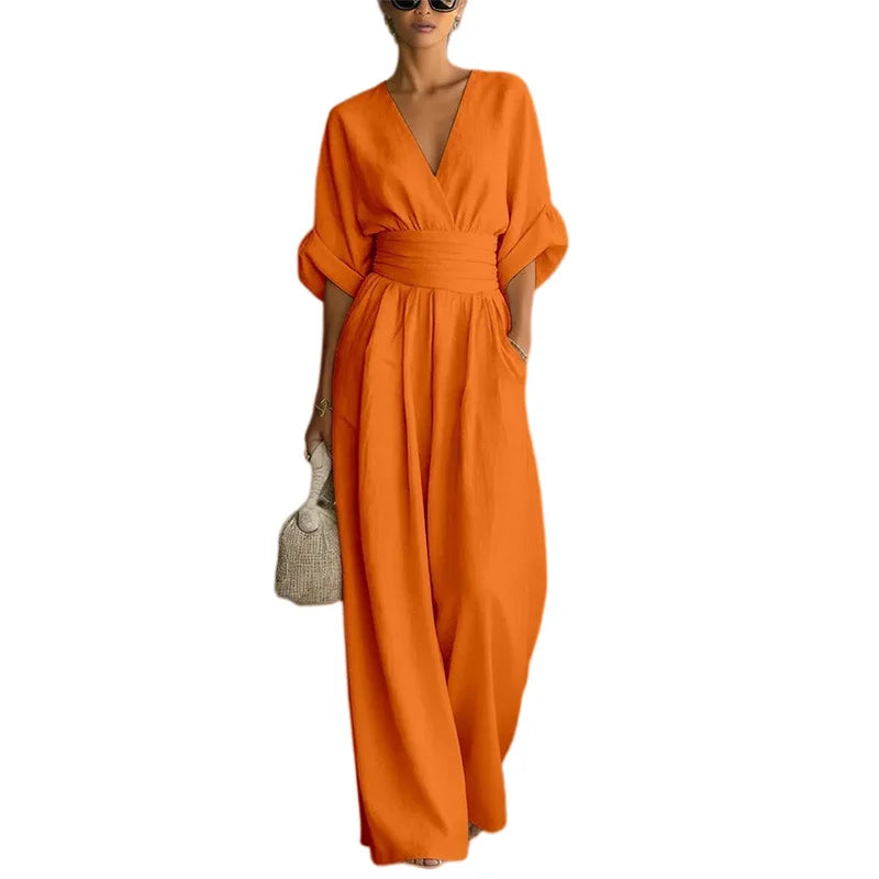 Women's High Waist V-neck Solid Color Wide Leg Jumpsuit