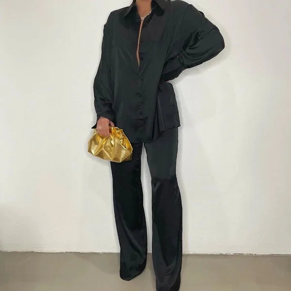 Elegant Satin Women's Long Sleeve Tracksuit And Wide Leg Pants