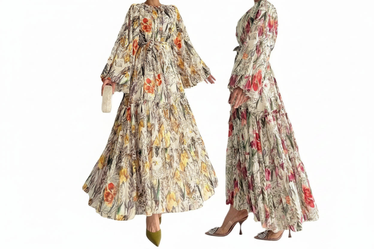 Women's Floral Printed Long-sleeved Chiffon Lace-up Dress