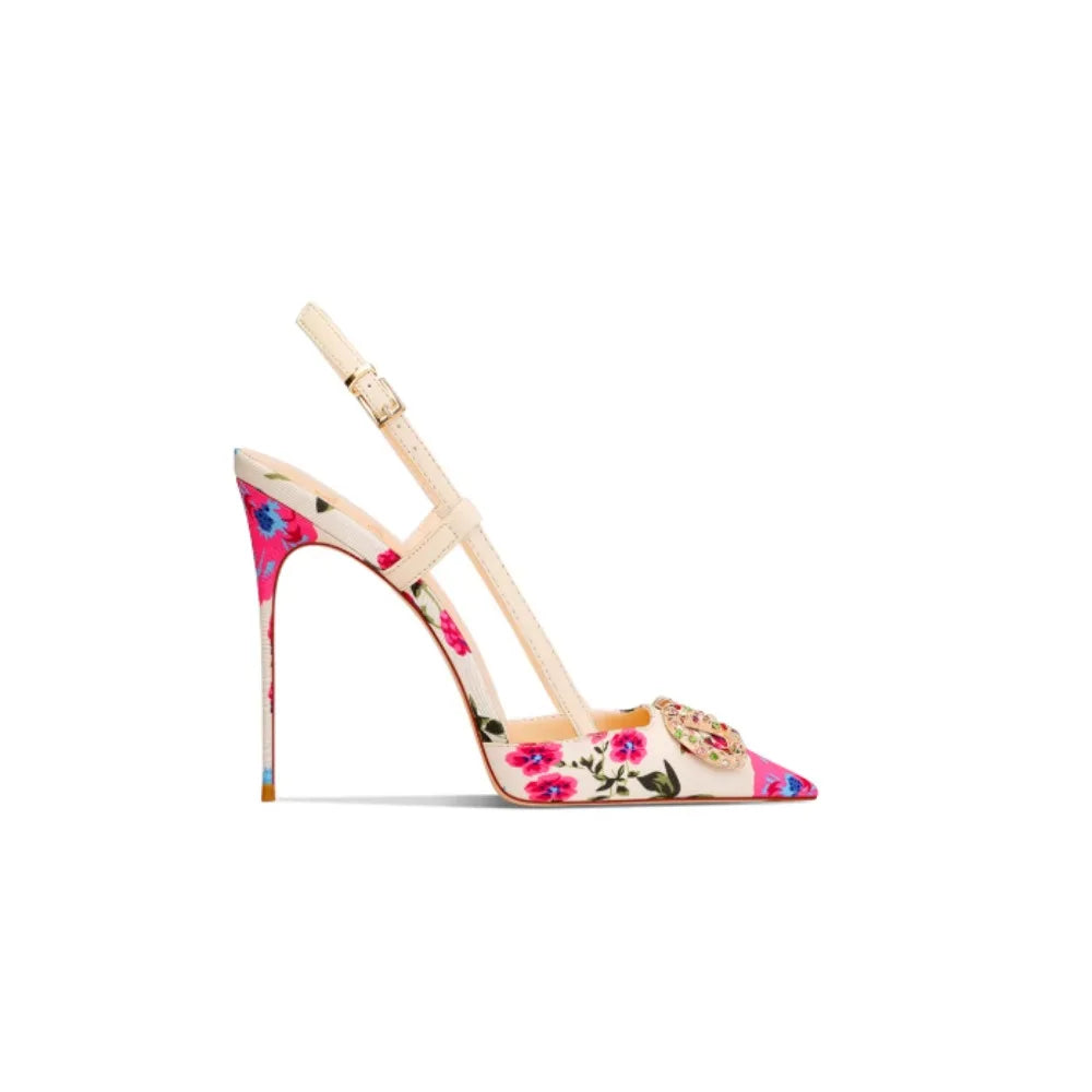 Elegant Floral Pointed Toe Jewel Buckle Stiletto Heels