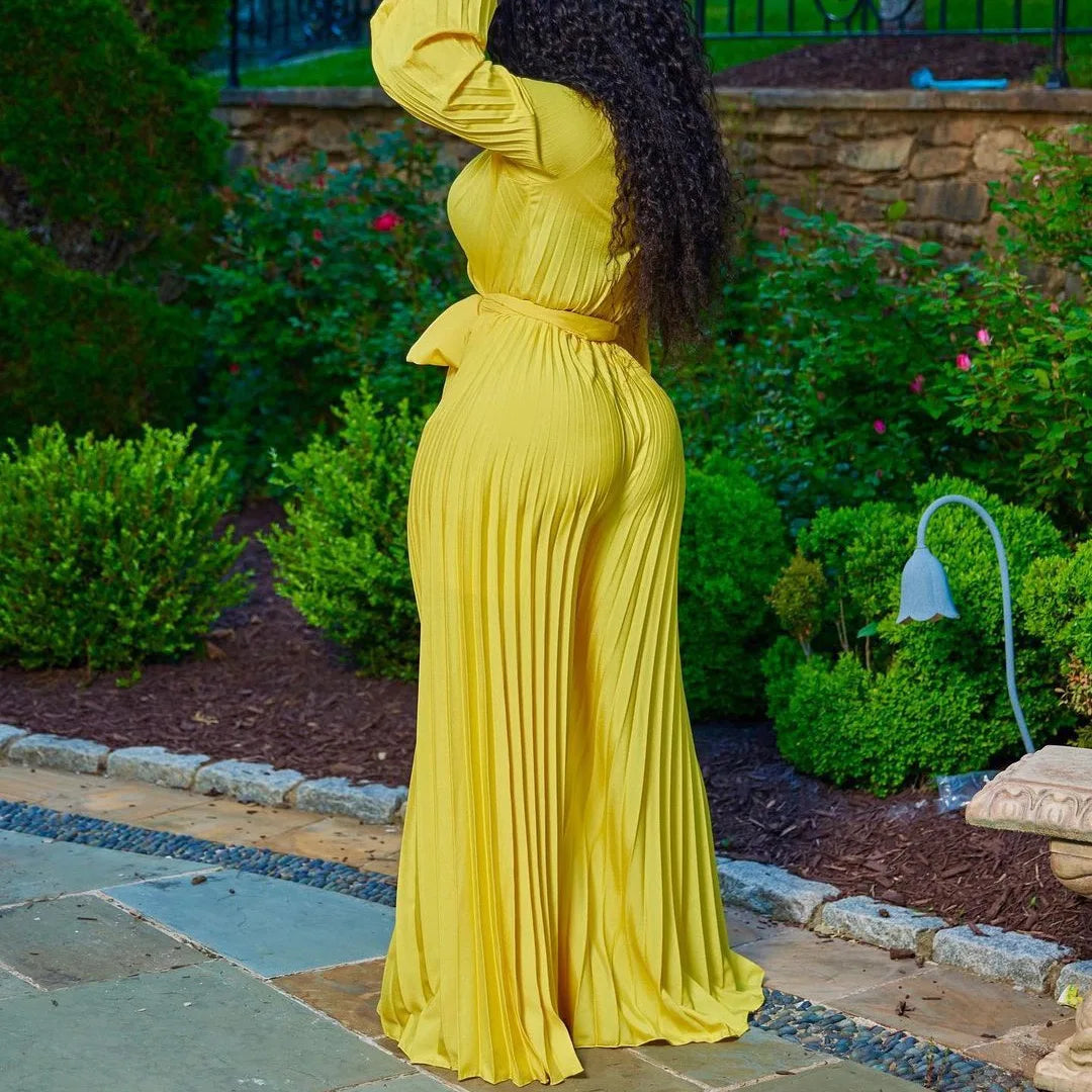 Elegant Pleated Full Sleeve V Neck High Waisted Jumpsuit