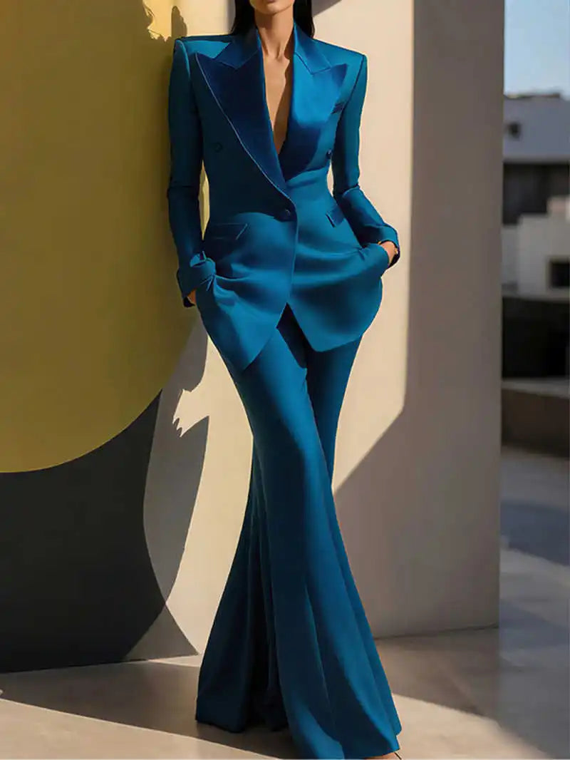 Women Peaked Lapel Double-breasted  2 Piece Blazer& Pants Suit