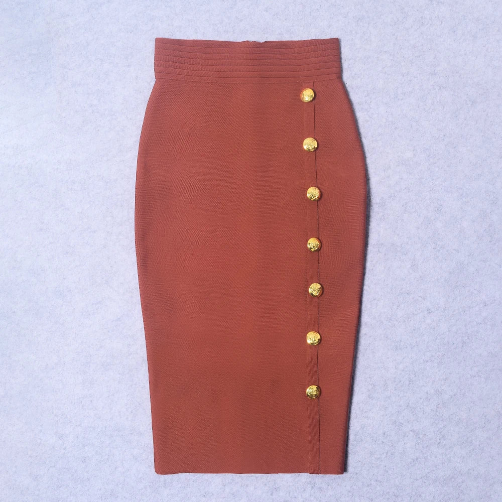 Brown Mid Calf Button BodyCon Split Pencil Skirt