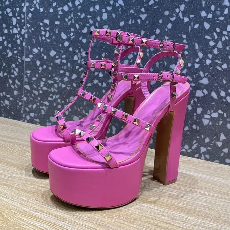 Women's Thick Soled Patent Leather Stage Runway High Heels with Rivets