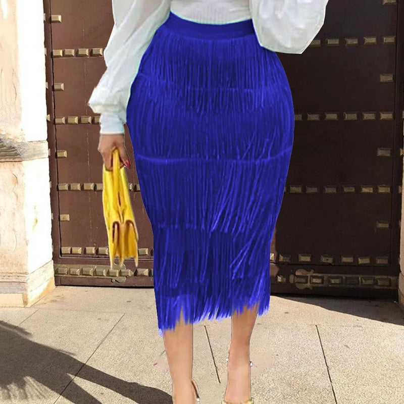 Women's Fringe Bodycon Tassel High Waist Stretch Midi Pencil Skirt