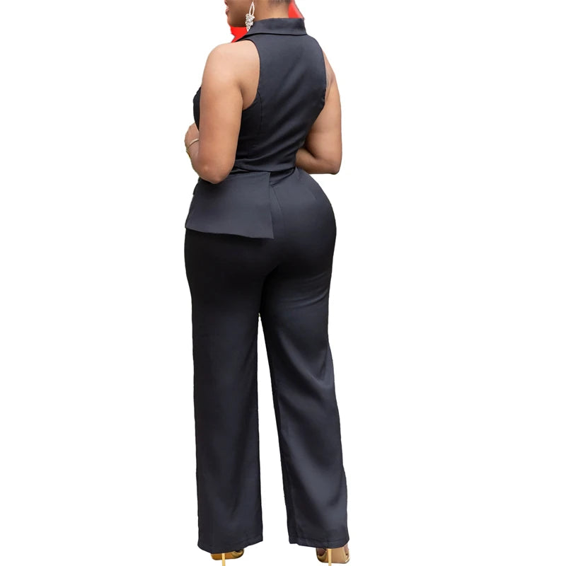 Women Elegant Blazer Sleeveless V-Neck Straight Pant Romper
