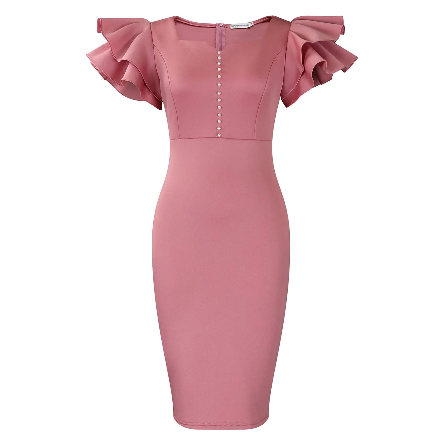 Designer Nail-Beaded Lotus Sleeve A-Line Dress