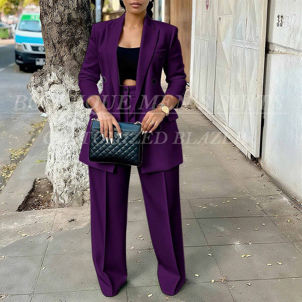 Elegant Women's Double Breasted Peak Lapel Blazer and Pleated Trouser Pants 2pc Suit
