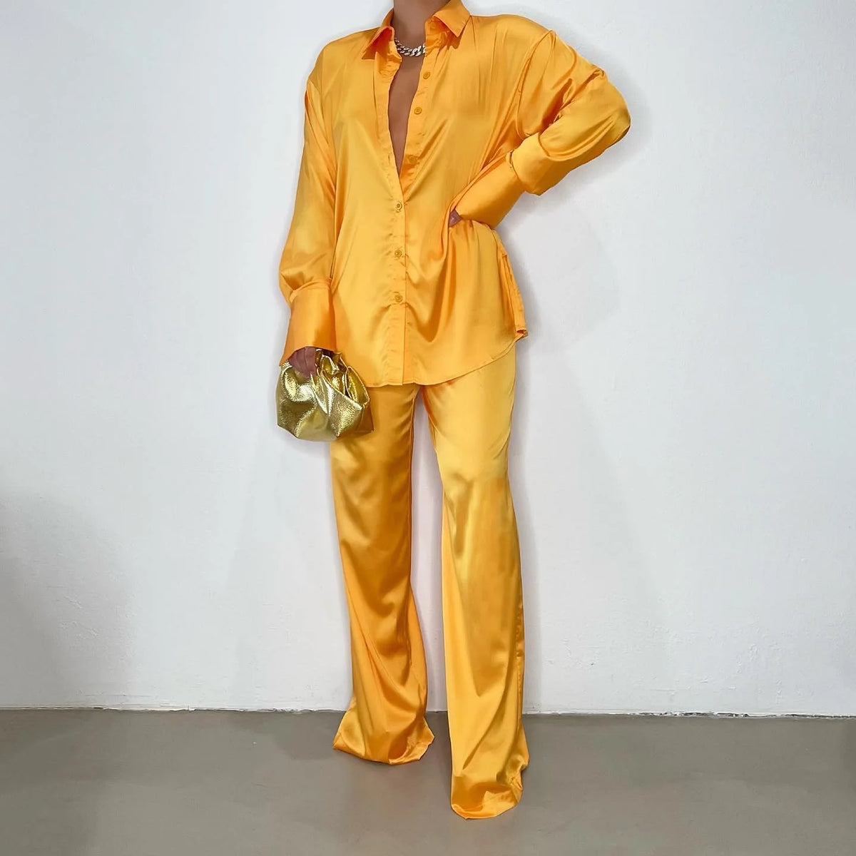 Elegant Satin Women's Long Sleeve Tracksuit And Wide Leg Pants