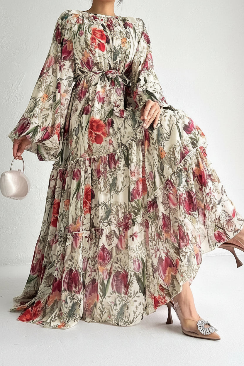 Women's Floral Printed Long-sleeved Chiffon Lace-up Dress