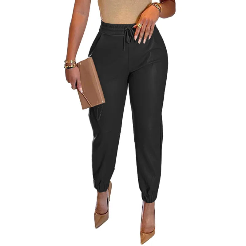 Women's Faux Leather Elastic Waist Vintage Casual Loose Fit Trousers
