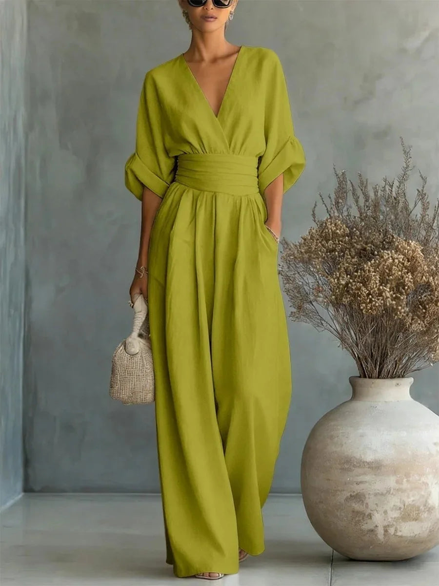 Women's High Waist V-neck Solid Color Wide Leg Jumpsuit