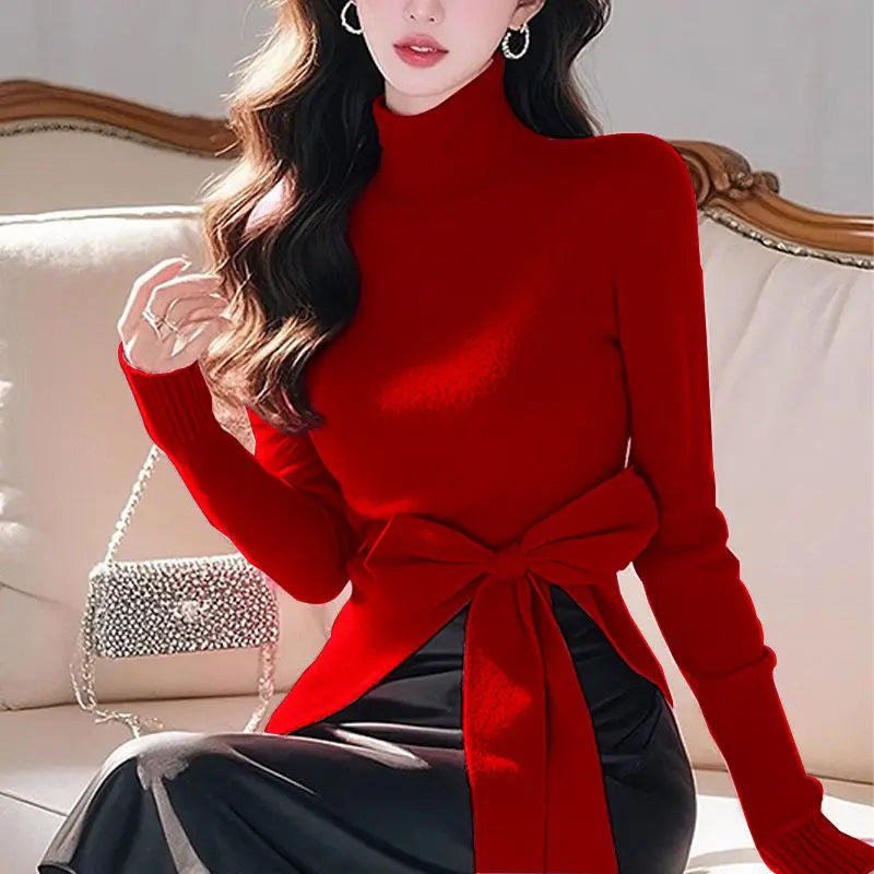 Women's French Style High Neck Irregular Knit Sweater w/ Bow Detail