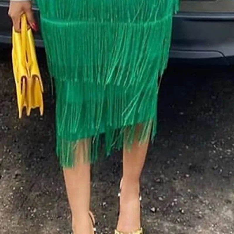 Women's Fringe Bodycon Tassel High Waist Stretch Midi Pencil Skirt