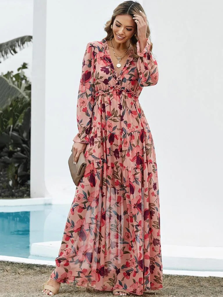 Elegant Floral Print Ruffle Layered Long Sleeved Chiffon A Line Long Maxi Dress