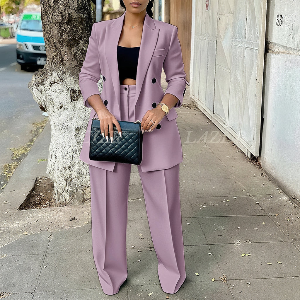 Elegant Women's Double Breasted Peak Lapel Blazer and Pleated Trouser Pants 2pc Suit