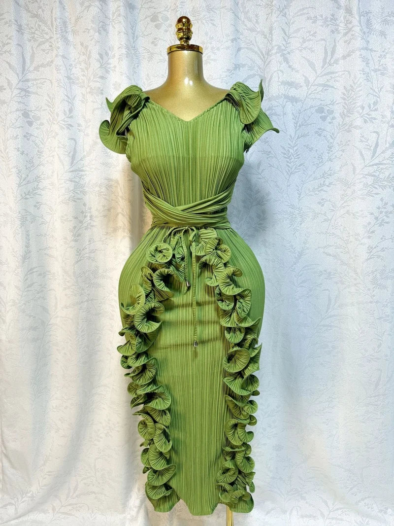 Ruffles Spliced Sleeveless V-Neck Bodycon Maxi Long Evening Dress